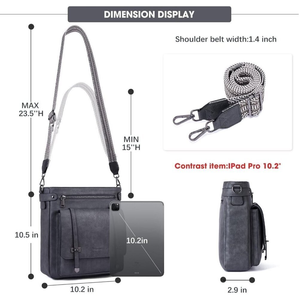 Women’s Dark Gray Leather Purses Multi-Pocket Adjustable Strap Crossbody Bags - Picture 6 of 6